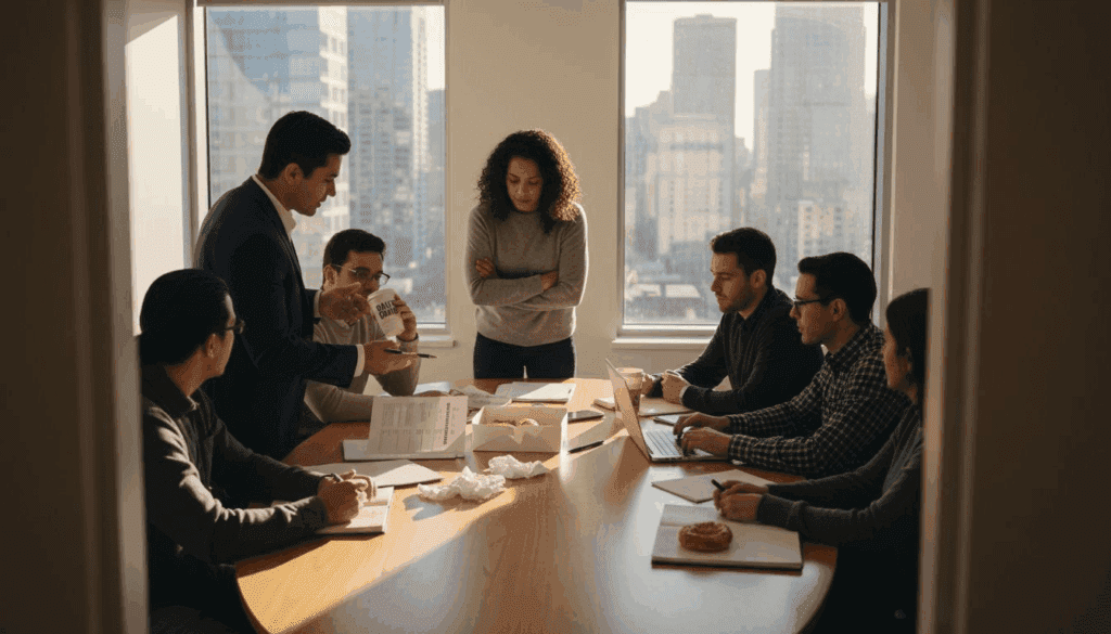 Coworkers meeting at company retreat table