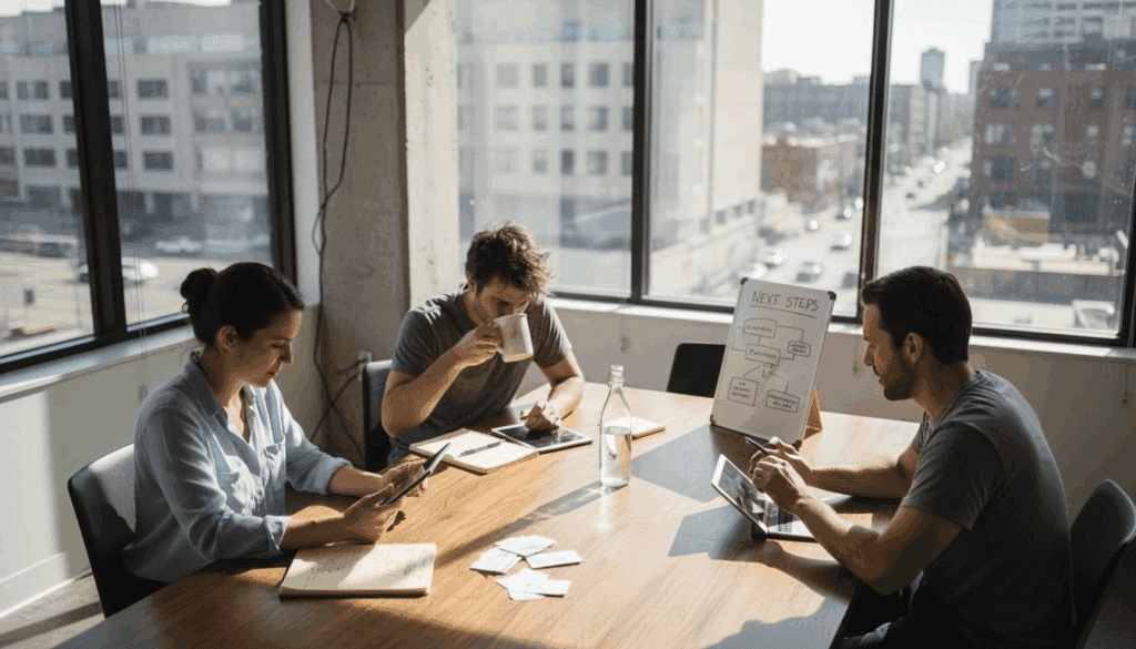 Entrepreneurs meeting in corner office