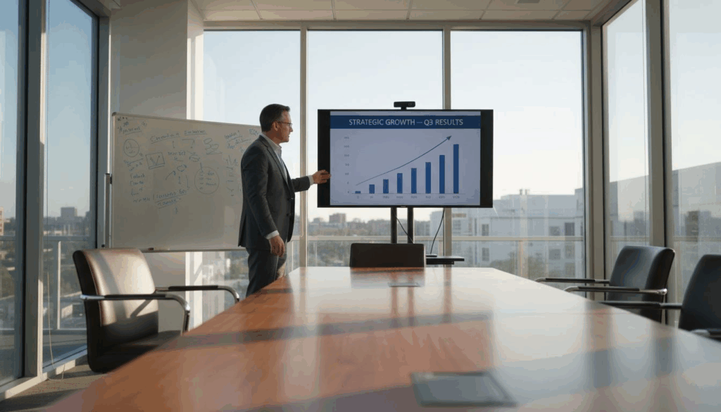 Executive leading strategy meeting in office