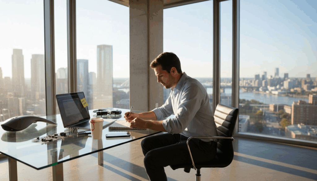 Entrepreneur brainstorming in a city corner office