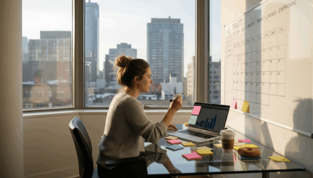 Entrepreneur marking business goals on whiteboard