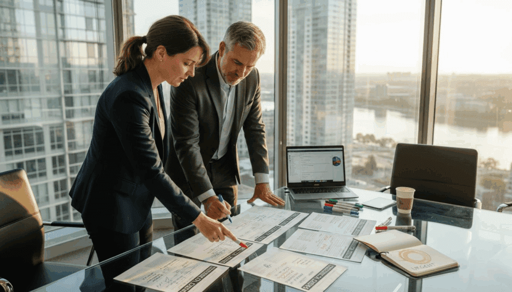 Two professionals planning business execution steps