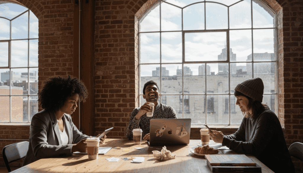 Entrepreneurs networking in coworking loft space