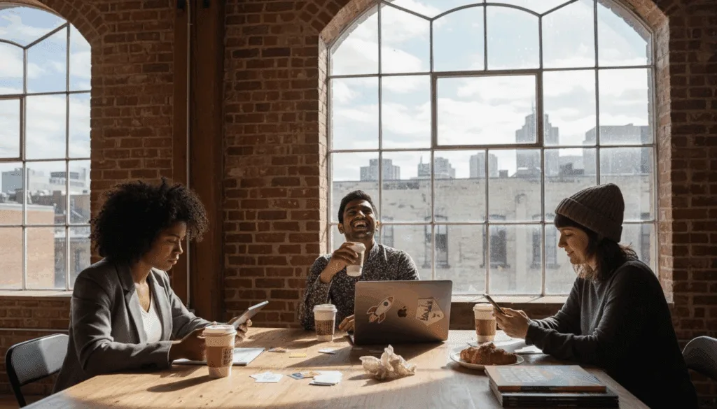 Entrepreneurs networking in coworking loft space