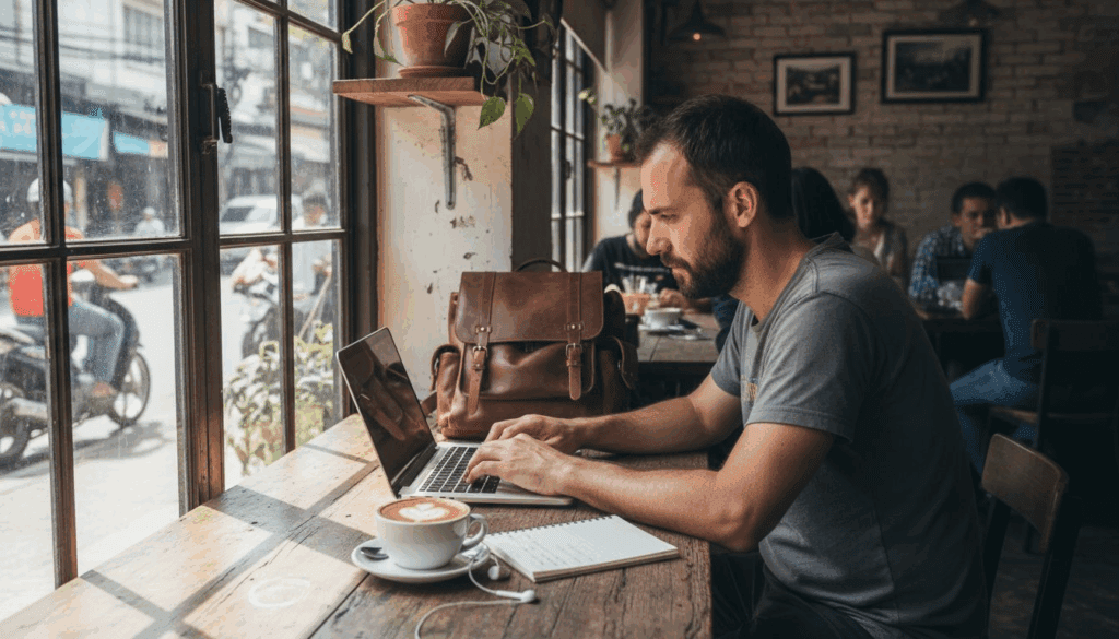 Digital nomad working in Chiang Mai cafe