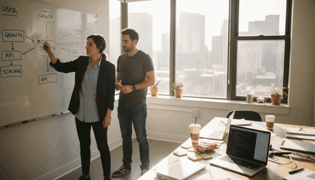 Startup founders sketching scalable system plans