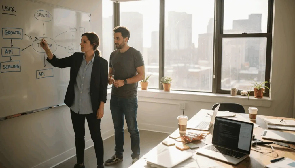 Startup founders sketching scalable system plans