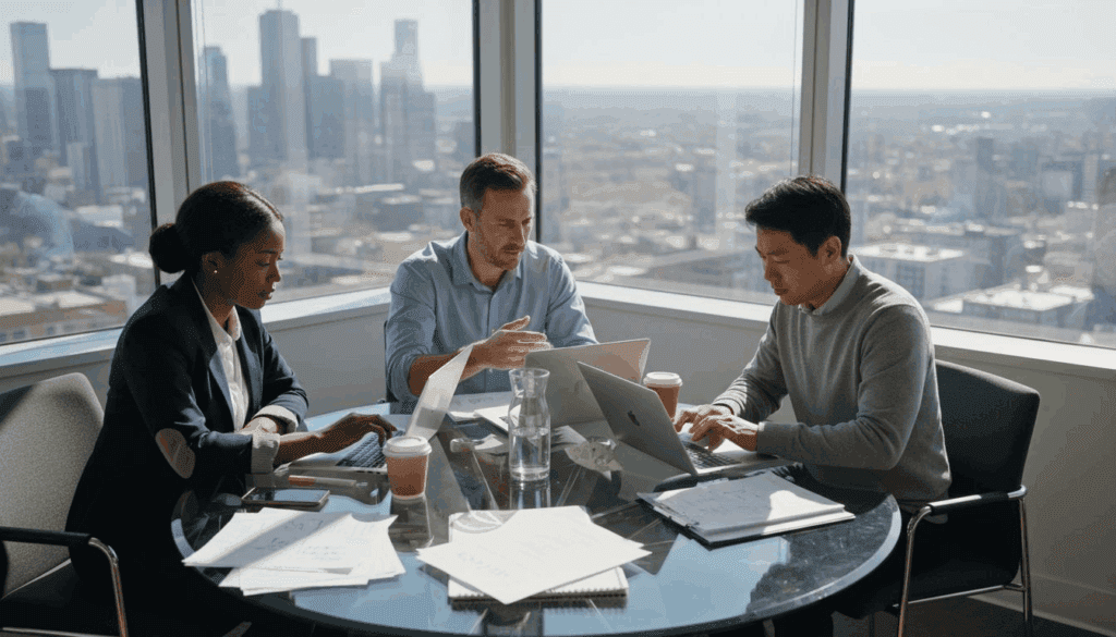 Entrepreneurs meeting in bright city office