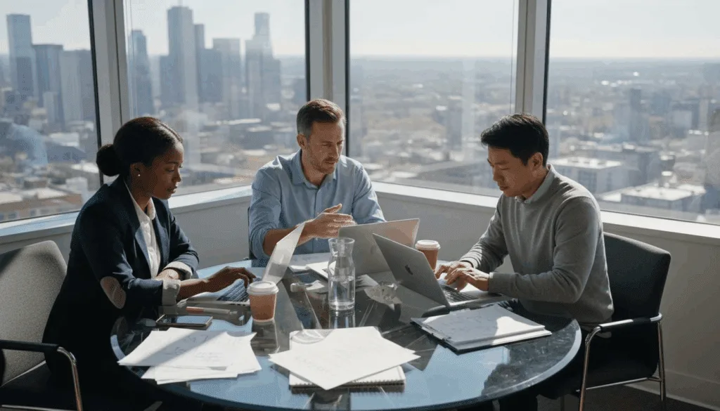 Entrepreneurs meeting in bright city office