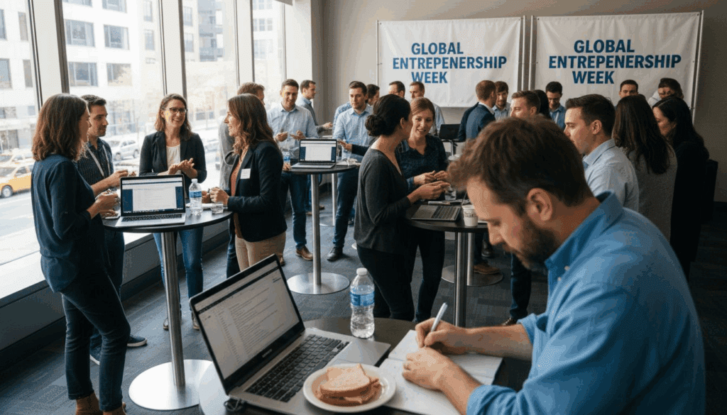 Entrepreneurs networking at global event