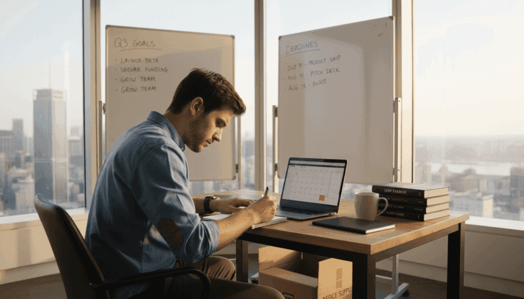 Entrepreneur setting goals in corner office