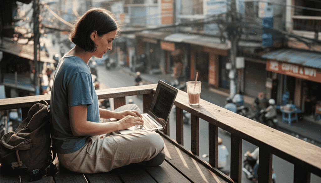 Digital nomad working from city balcony