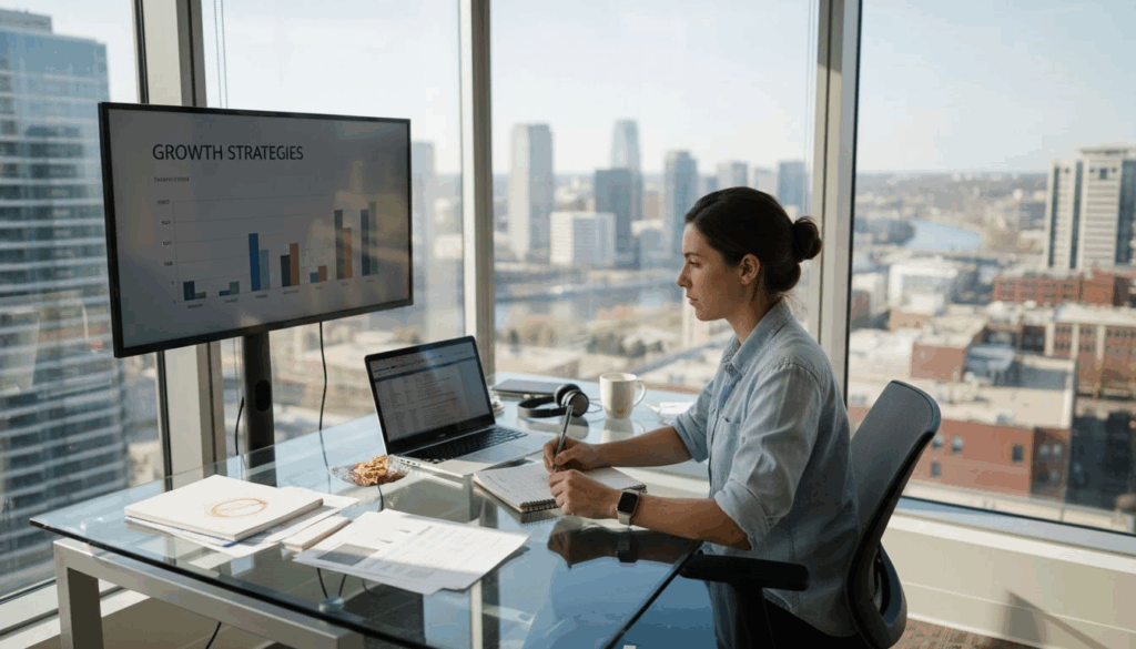 Startup founder brainstorming growth strategies