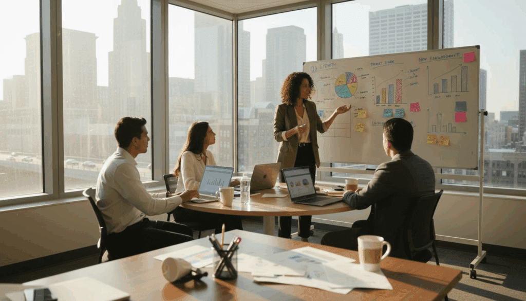 Entrepreneur leading teamwork in modern office