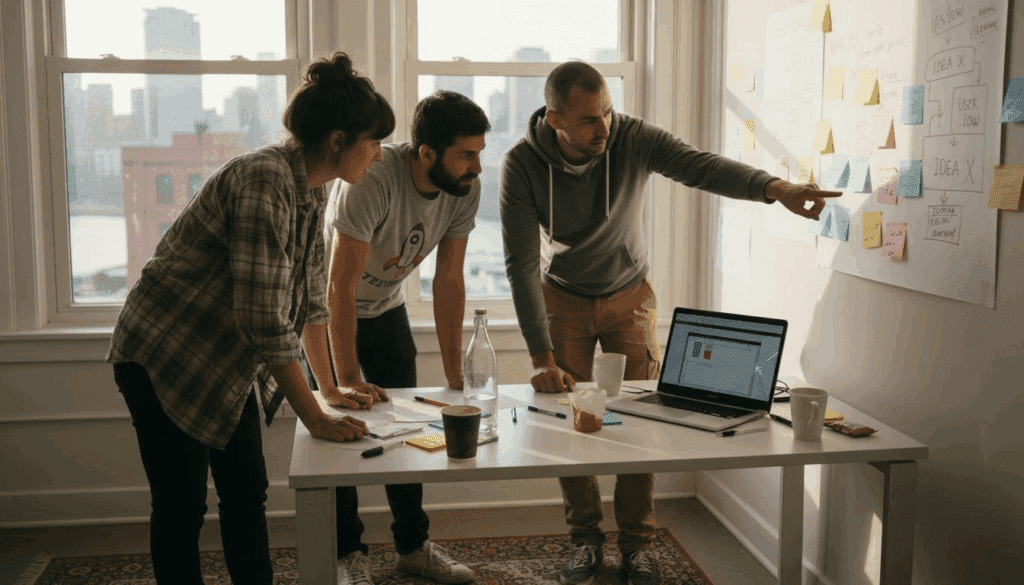 Startup founders brainstorming in corner office