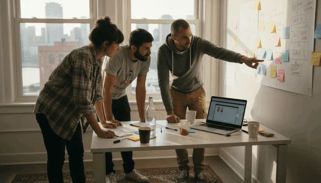 Startup founders brainstorming in corner office