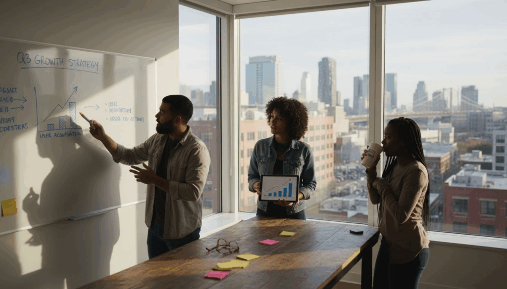 Startup founders reviewing growth strategy together