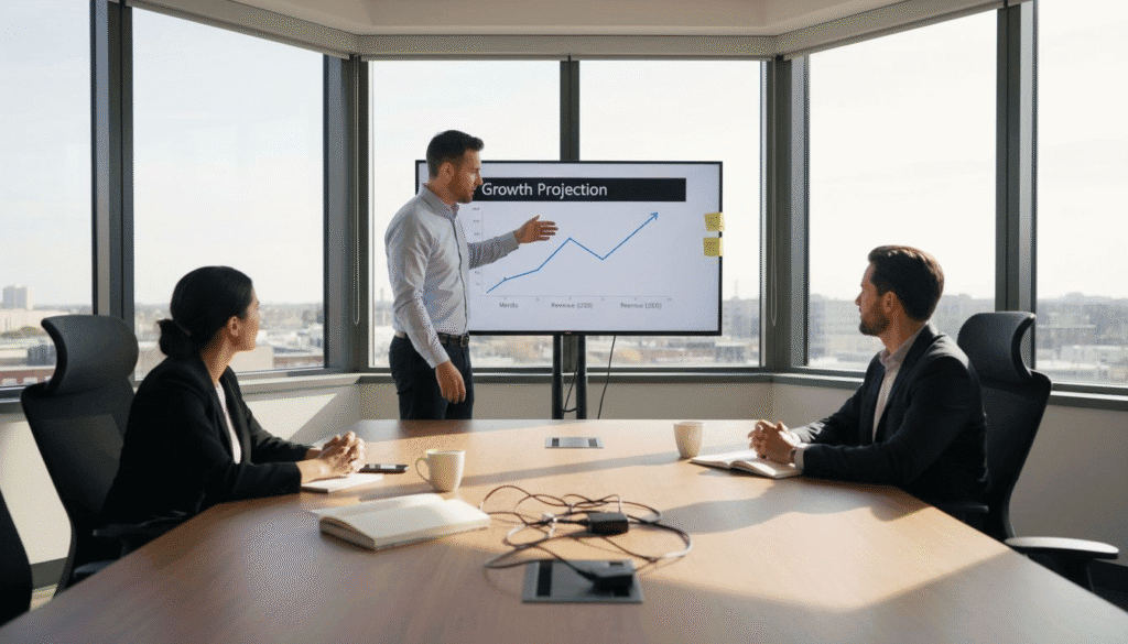 Startup founder presents business PPT in bright office