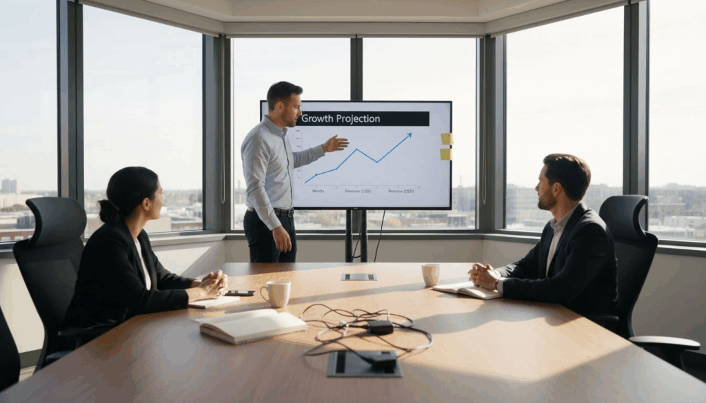 Startup founder presents business PPT in bright office