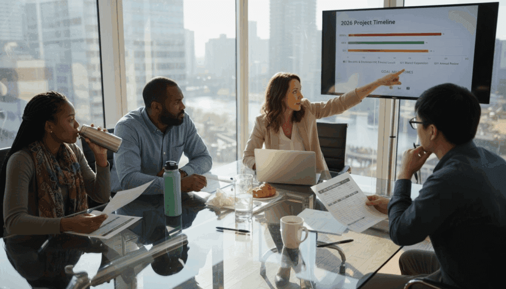 Team reviewing goals in glass-walled office
