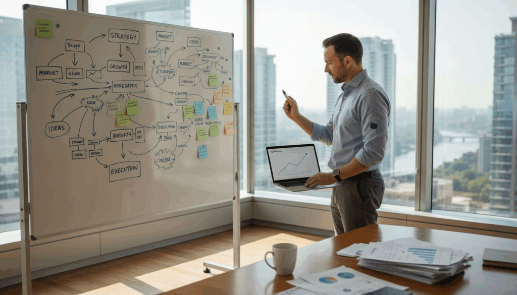 Entrepreneur planning growth at office whiteboard