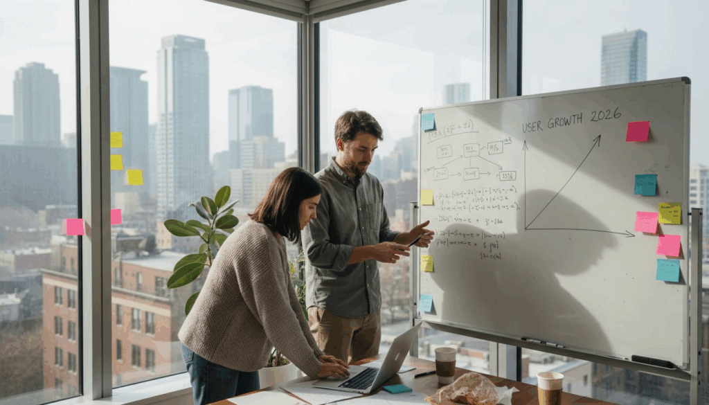 Startup founders reviewing growth plan in office