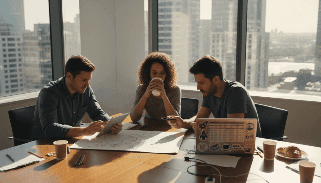 Entrepreneurs brainstorming in a cluttered office