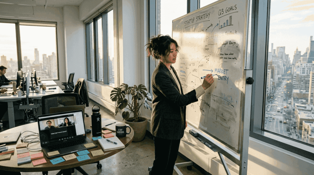 Young entrepreneur writing ideas on whiteboard