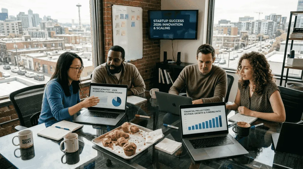 Entrepreneurs collaborating in a city office