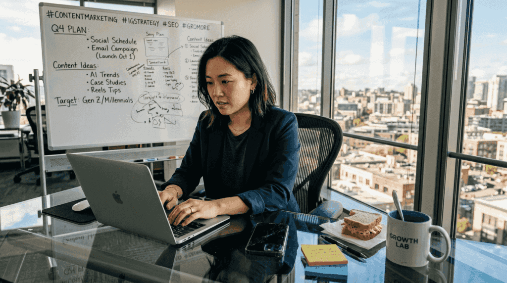 Entrepreneur crafting social media strategy at desk