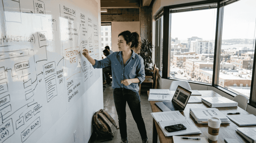 Founder sketching frameworks on whiteboard in office