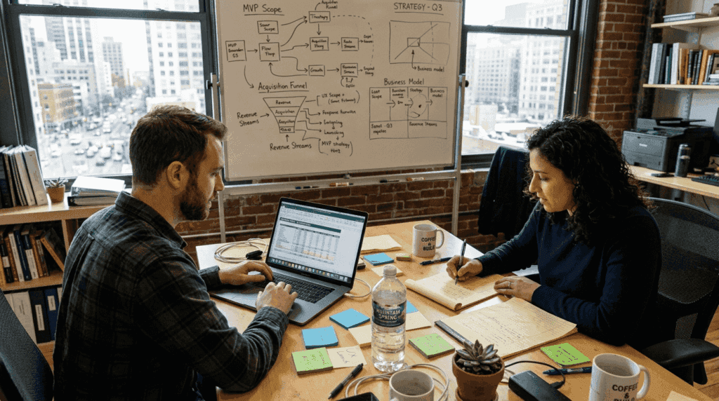 Startup founders brainstorm in sunlit corner office