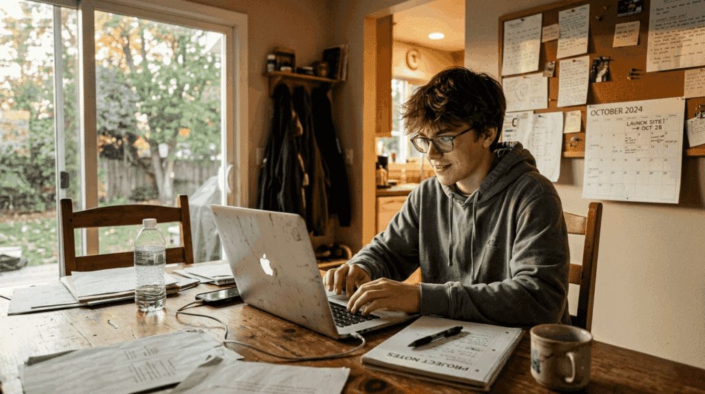 Teen working on business website in home