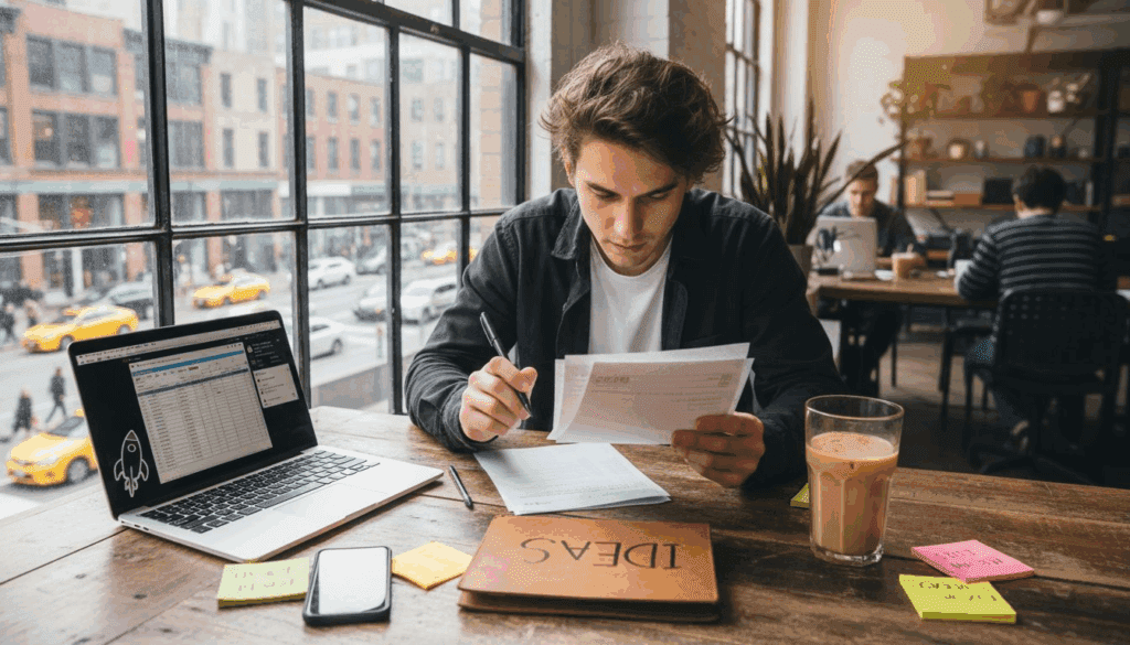 Startup founder reviews feedback at coworking space