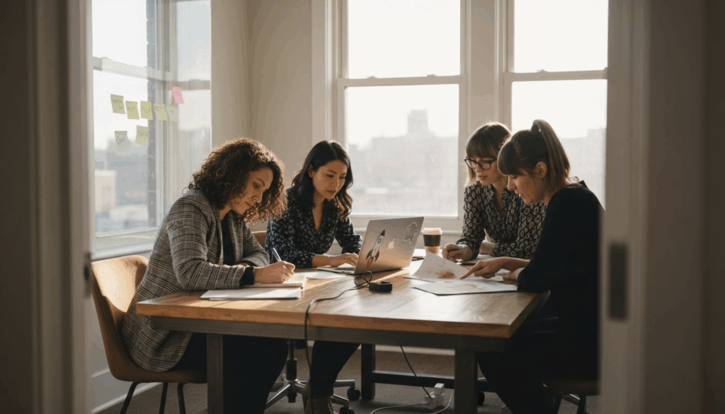 Women entrepreneurs sharing ideas in a bright office