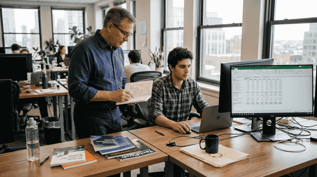 Mentor guiding startup founder at desk