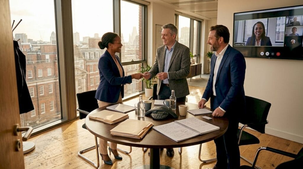Entrepreneurs networking in sunlit office meeting
