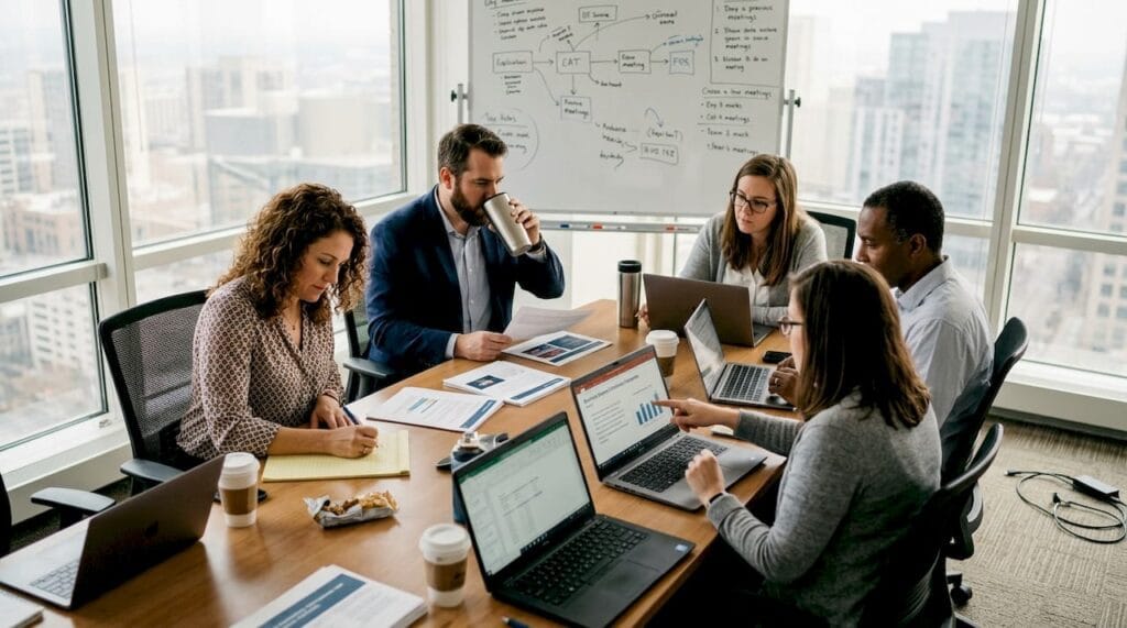 Team collaborating around meeting table