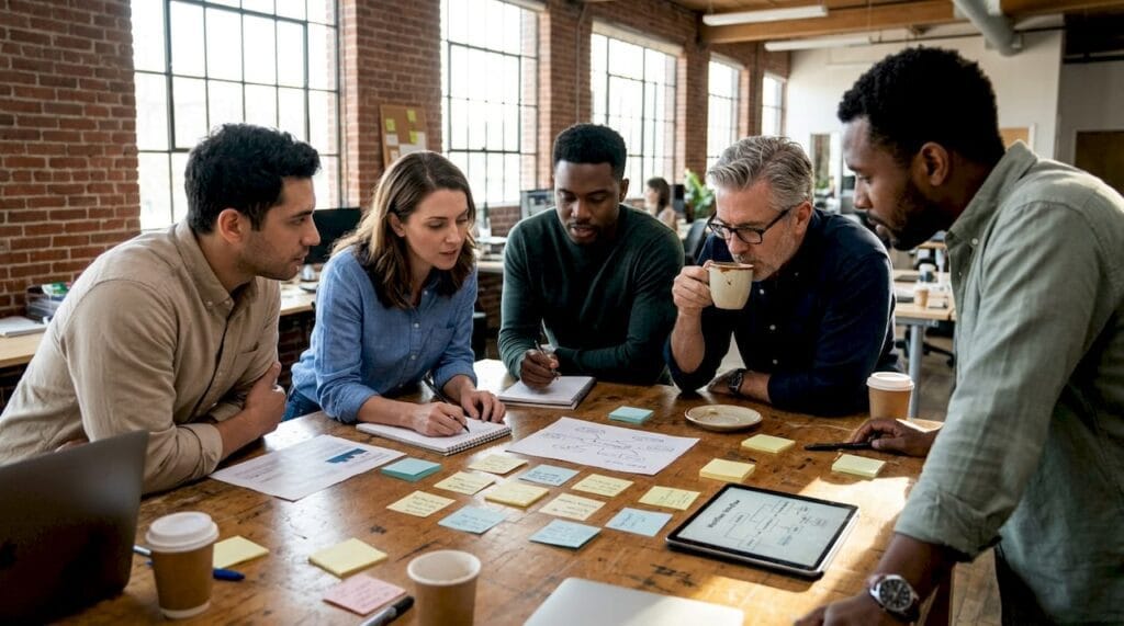 Team collaborating on creative exercise in office