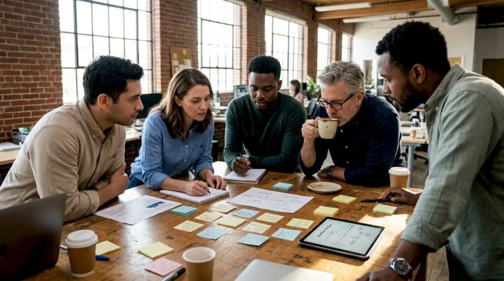 Team collaborating on creative exercise in office