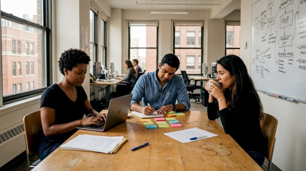 Entrepreneurs brainstorming in compact office