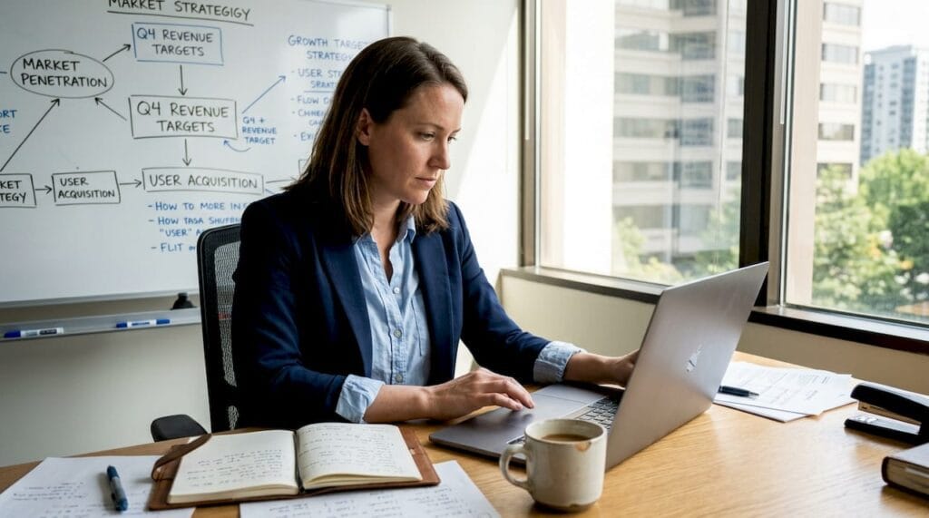 Entrepreneur planning growth strategies at office desk