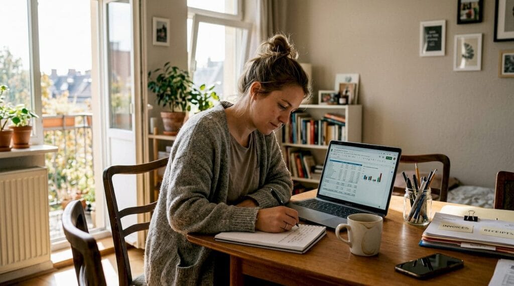Small business owner planning at home table