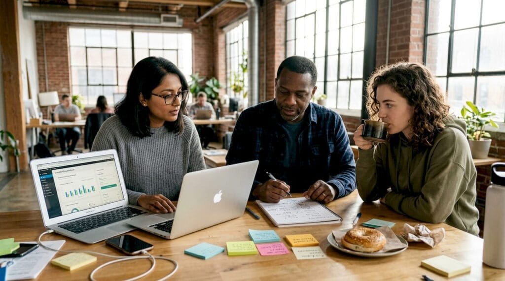 Startup founders planning at kitchen table workspace