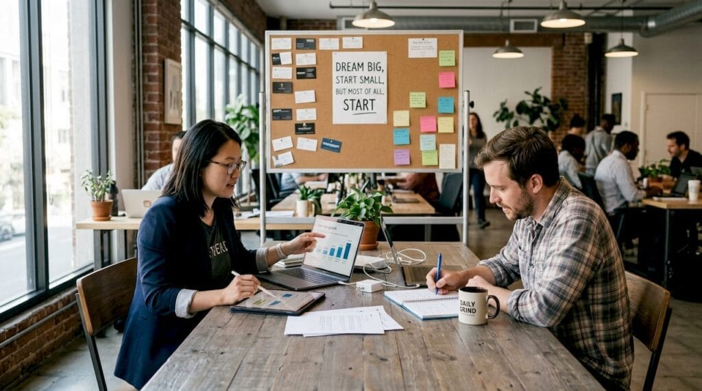 Founders discussing startup funding workspace