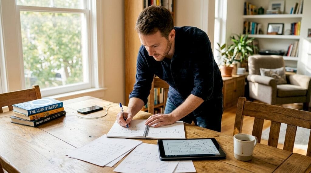 Entrepreneur brainstorming at home office table