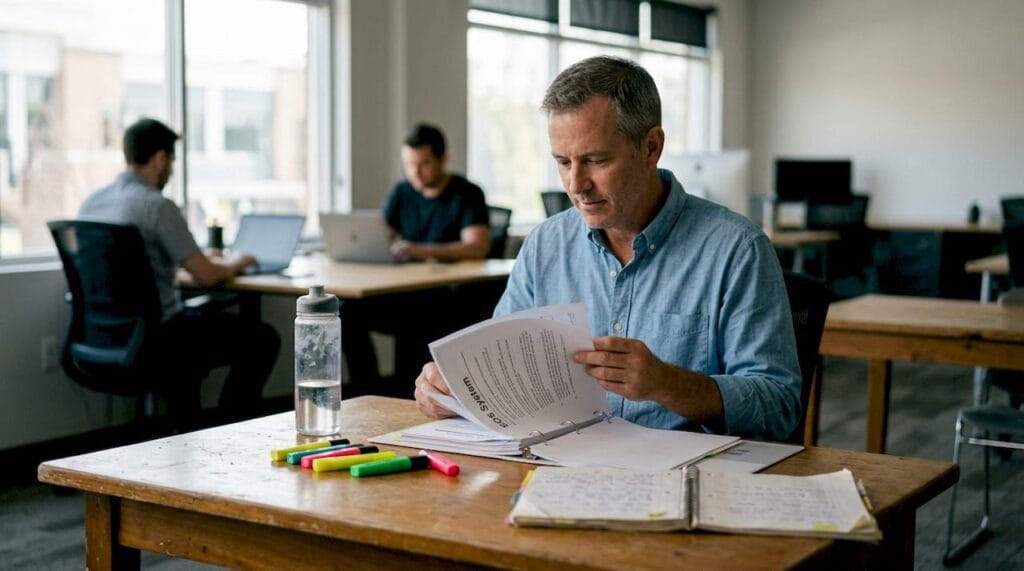 Entrepreneur reviewing EOS PDF at workspace