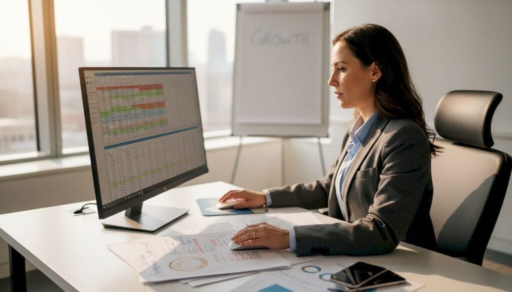 Businesswoman planning in corner office workspace