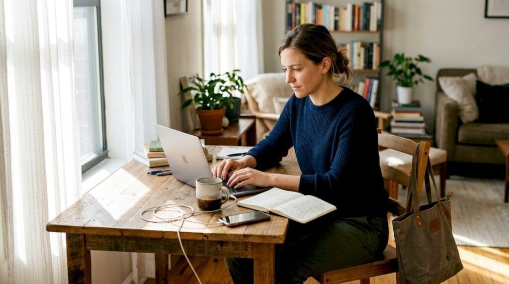 Entrepreneur working at cluttered table in bright home