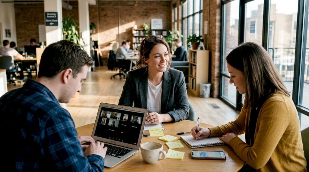 Entrepreneur meeting peers in coworking space